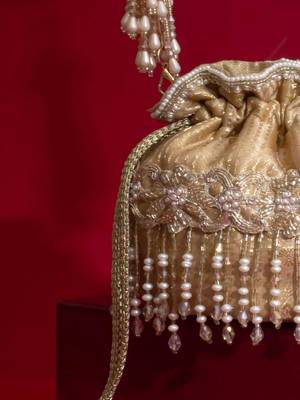 Beige embroidered  silk potli bag 2