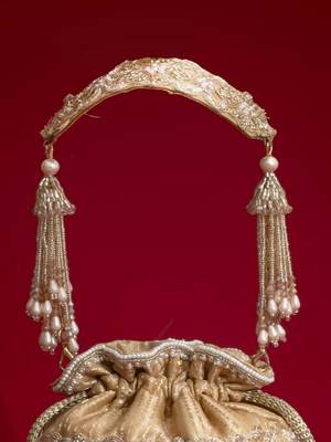 Beige embroidered  silk potli bag 5