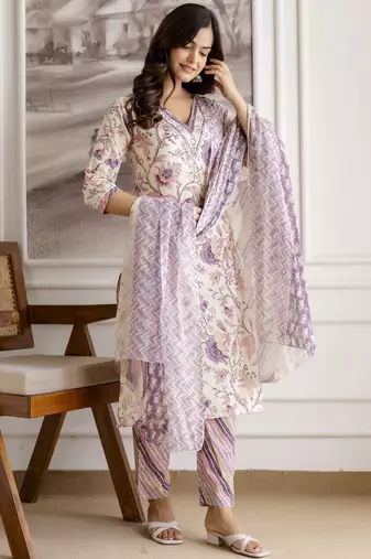 Trendmalls women's pure cotton embroidery work printed kurta pant with dupatta set
