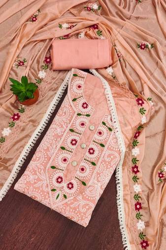 Peach chanderi cotton embroidery dress material with dupatta