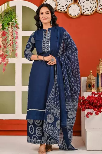Cotton cambric straight  kurti-pant-dupatta  set
