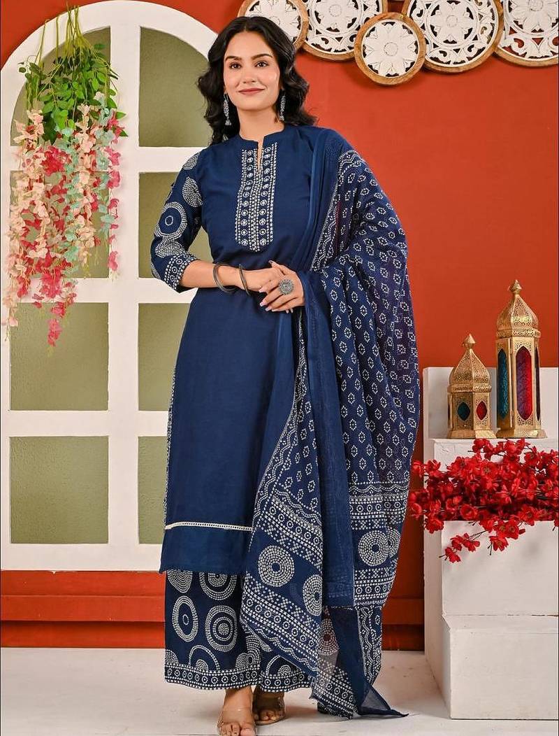 Cotton cambric straight  kurti-pant-dupatta  set