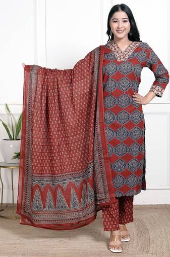 Cotton cambric straight  kurti-pant-dupatta  set