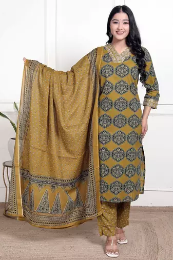 Cotton cambric straight  kurti-pant-dupatta  set