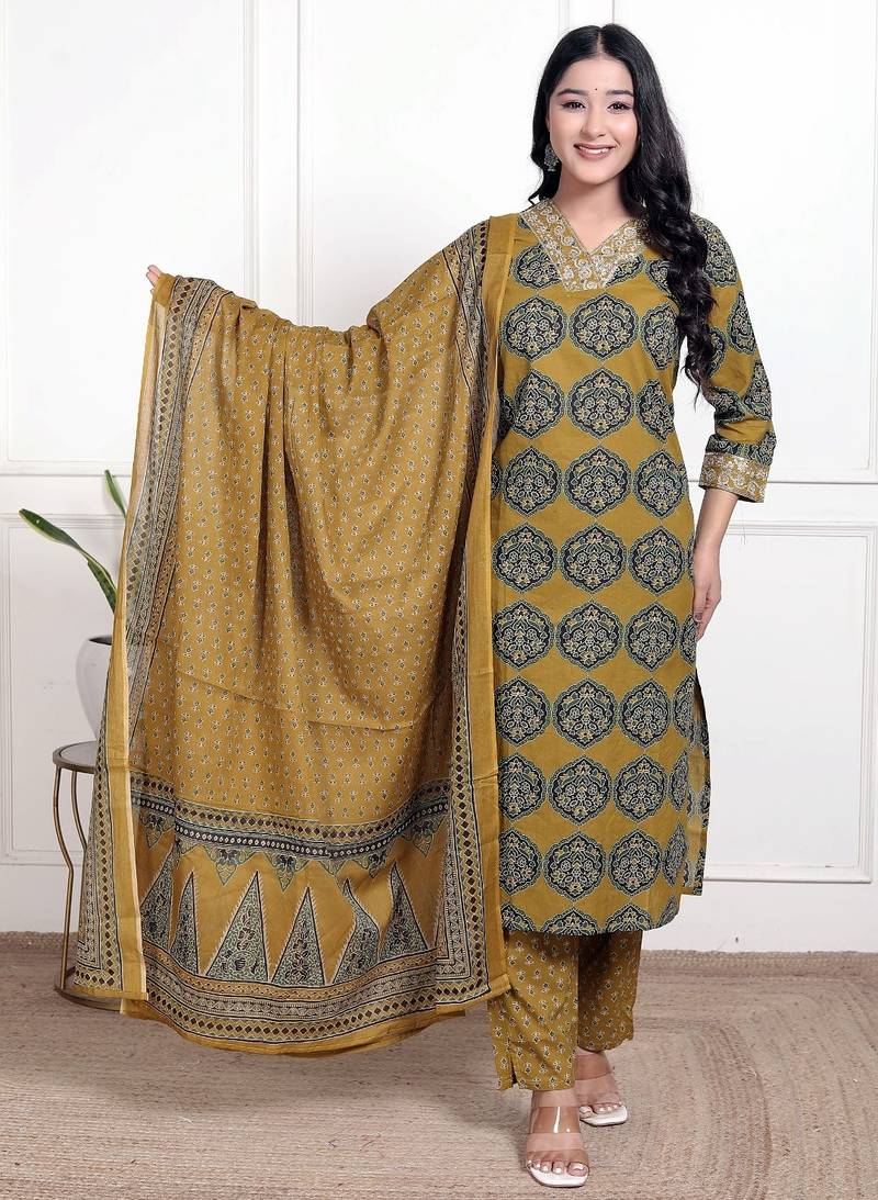 Cotton cambric straight  kurti-pant-dupatta  set