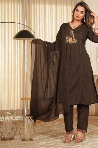 Cotton cambric straight  kurti-pant-dupatta  set