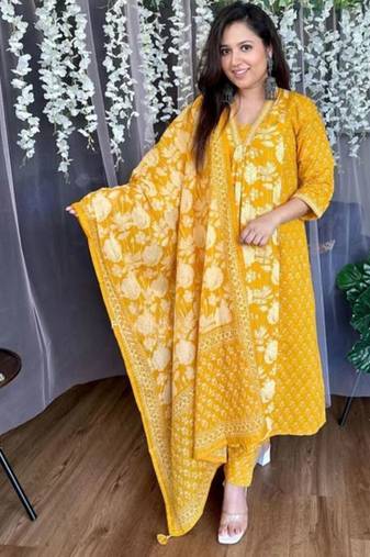 Yellow floral printed cotton kurta and pant set with dupatta