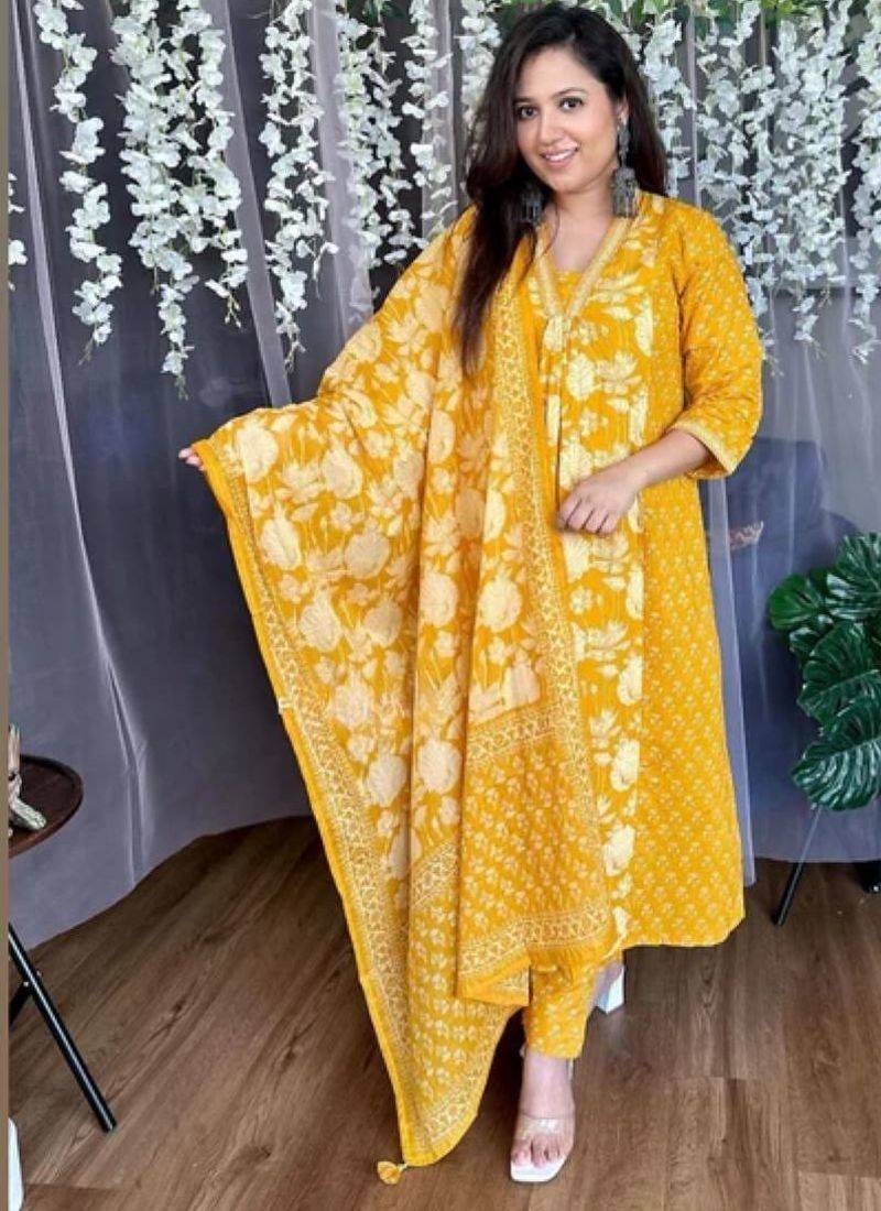 Yellow floral printed cotton kurta and pant set with dupatta