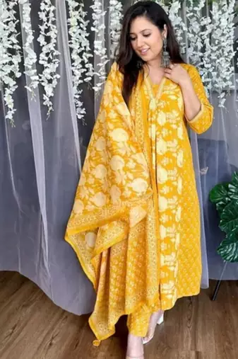 Yellow floral printed cotton kurta and pant set with dupatta
