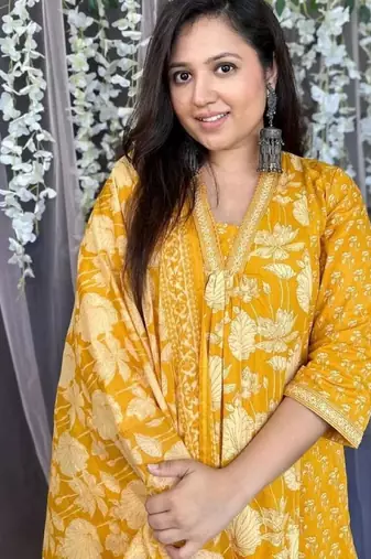 Yellow floral printed cotton kurta and pant set with dupatta