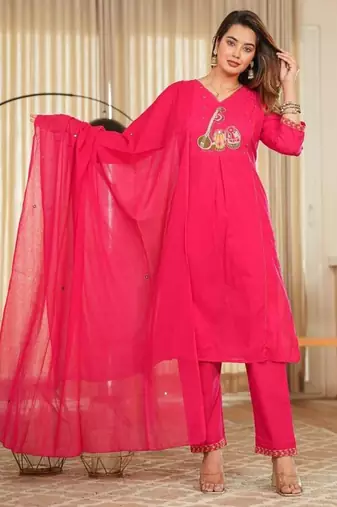 Pink Cotton cambric straight  kurti-pant-dupatta  set