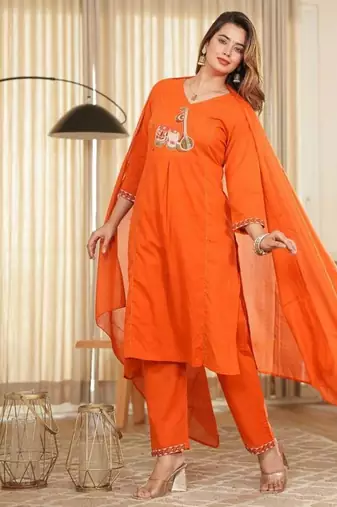 Orange Cotton cambric straight  kurti-pant-dupatta  set