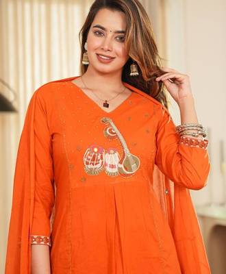 Orange Cotton cambric straight  kurti-pant-dupatta  set 2