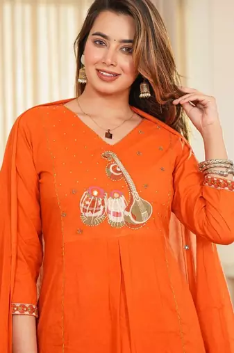 Orange Cotton cambric straight  kurti-pant-dupatta  set
