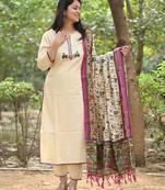 Off white embroidered cotton flex kurta and pant set with chanderi dupatta