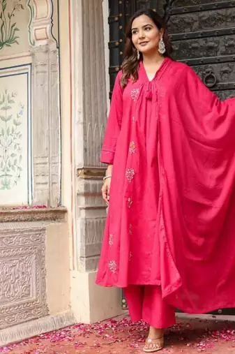 Cotton cambric dyed anarkali  kurti-pant-dupatta  set