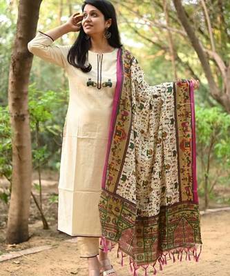 Off white embroidered cotton flex kurta and pant set with chanderi dupatta 2
