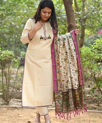 Off white embroidered cotton flex kurta and pant set with chanderi dupatta 3