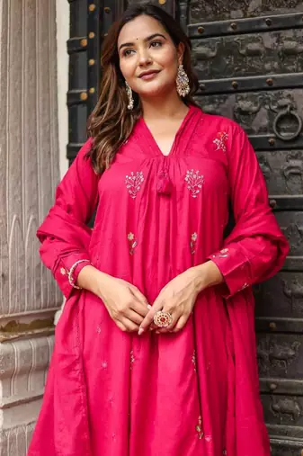 Cotton cambric dyed anarkali  kurti-pant-dupatta  set