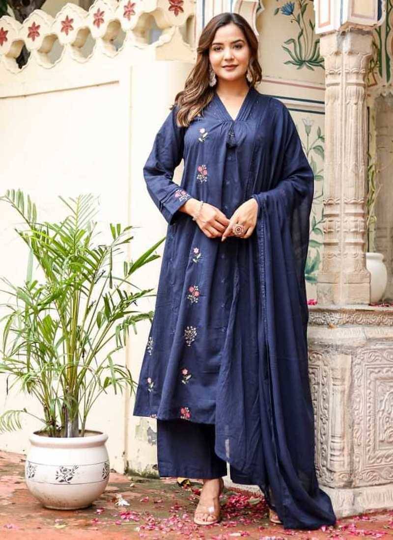 Cotton cambric dyed anarkali  kurti-pant-dupatta  set
