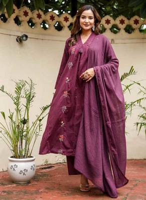 Purple Cotton cambric dyed anarkali  kurti-pant-dupatta  set 1