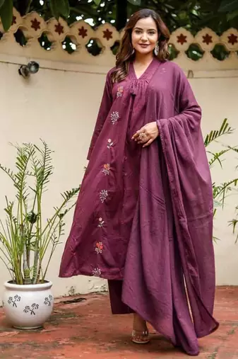 Purple Cotton cambric dyed anarkali  kurti-pant-dupatta  set