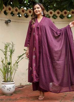 Purple Cotton cambric dyed anarkali  kurti-pant-dupatta  set 2