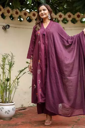 Purple Cotton cambric dyed anarkali  kurti-pant-dupatta  set