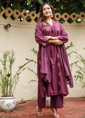 Purple Cotton cambric dyed anarkali  kurti-pant-dupatta  set 3