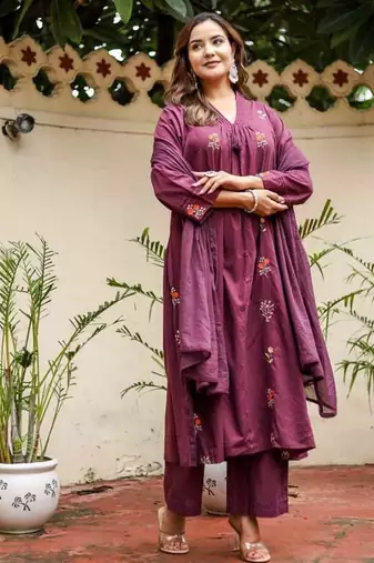 Purple Cotton cambric dyed anarkali  kurti-pant-dupatta  set