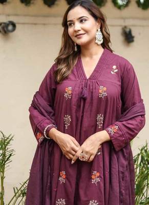 Purple Cotton cambric dyed anarkali  kurti-pant-dupatta  set 4