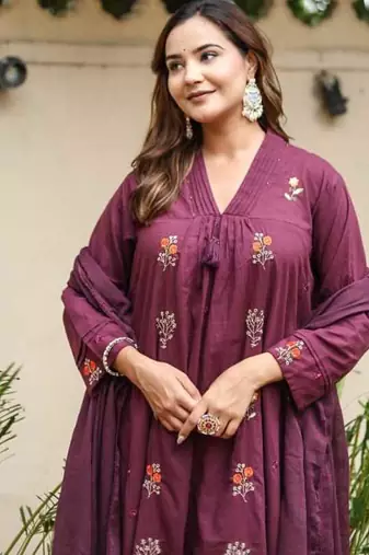 Purple Cotton cambric dyed anarkali  kurti-pant-dupatta  set