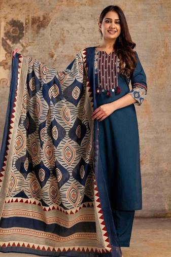 Cotton cambric straight printed  kurti-pant-dupatta  set