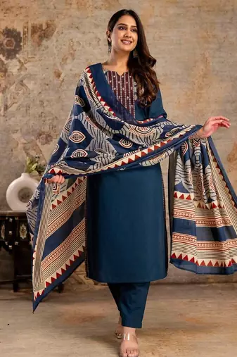 Cotton cambric straight printed  kurti-pant-dupatta  set