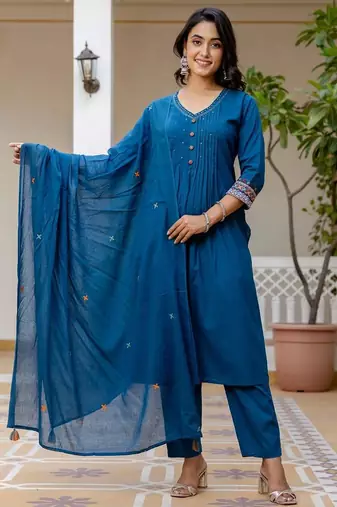 Cotton cambric a-line kurti-pant-dupatta  set