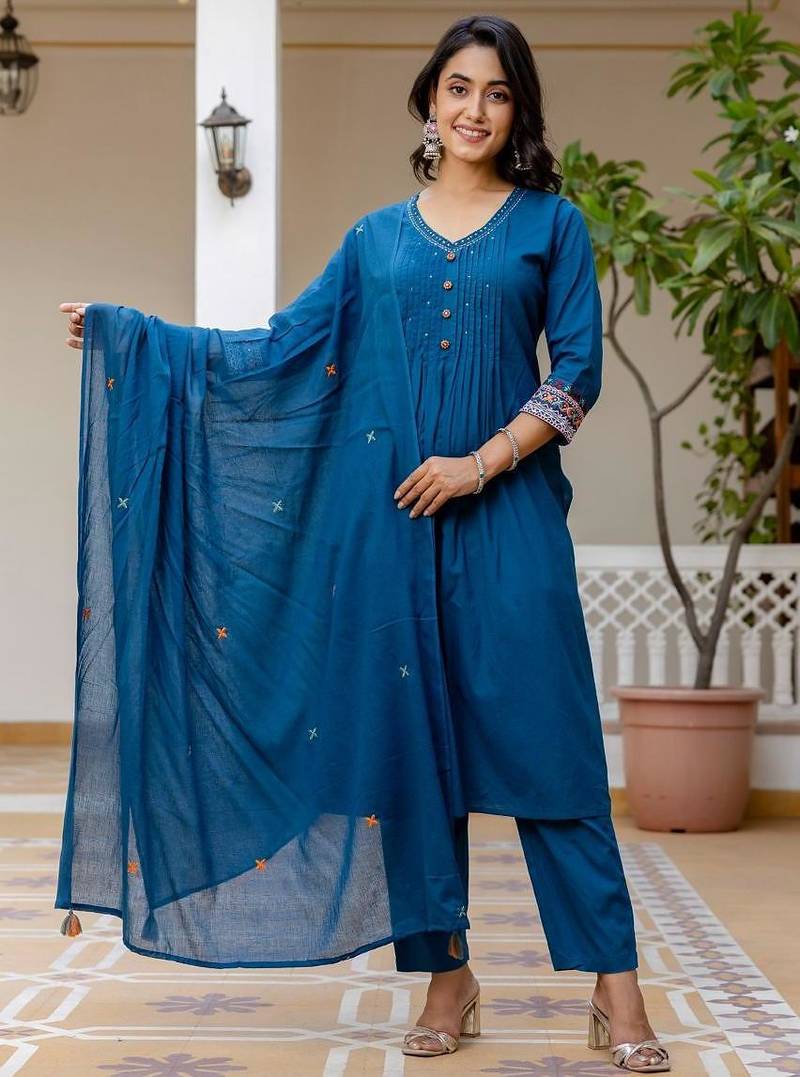 Cotton cambric a-line kurti-pant-dupatta  set