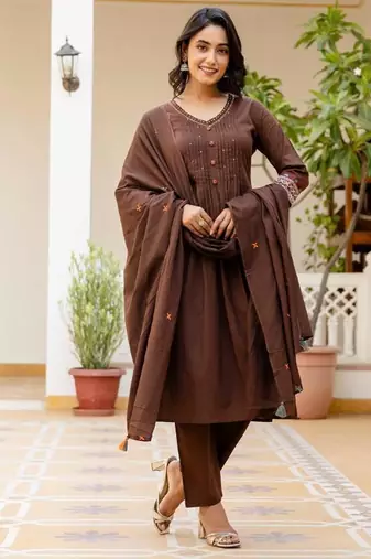 Cotton cambric a-line kurti-pant-dupatta  set
