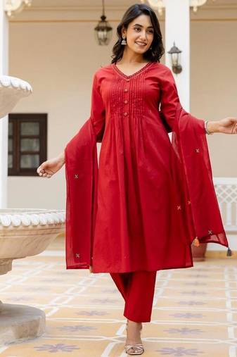 Red Cotton cambric a-line kurti-pant-dupatta  set