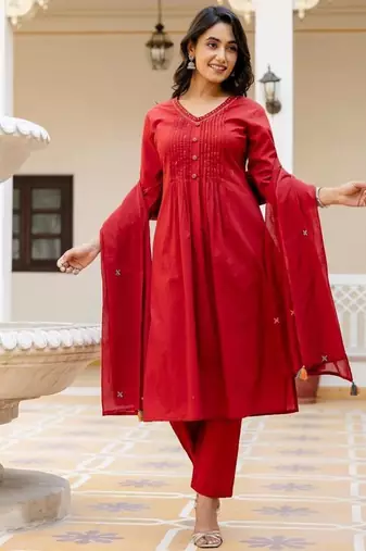 Red Cotton cambric a-line kurti-pant-dupatta  set