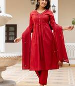 Red Cotton cambric a-line kurti-pant-dupatta  set