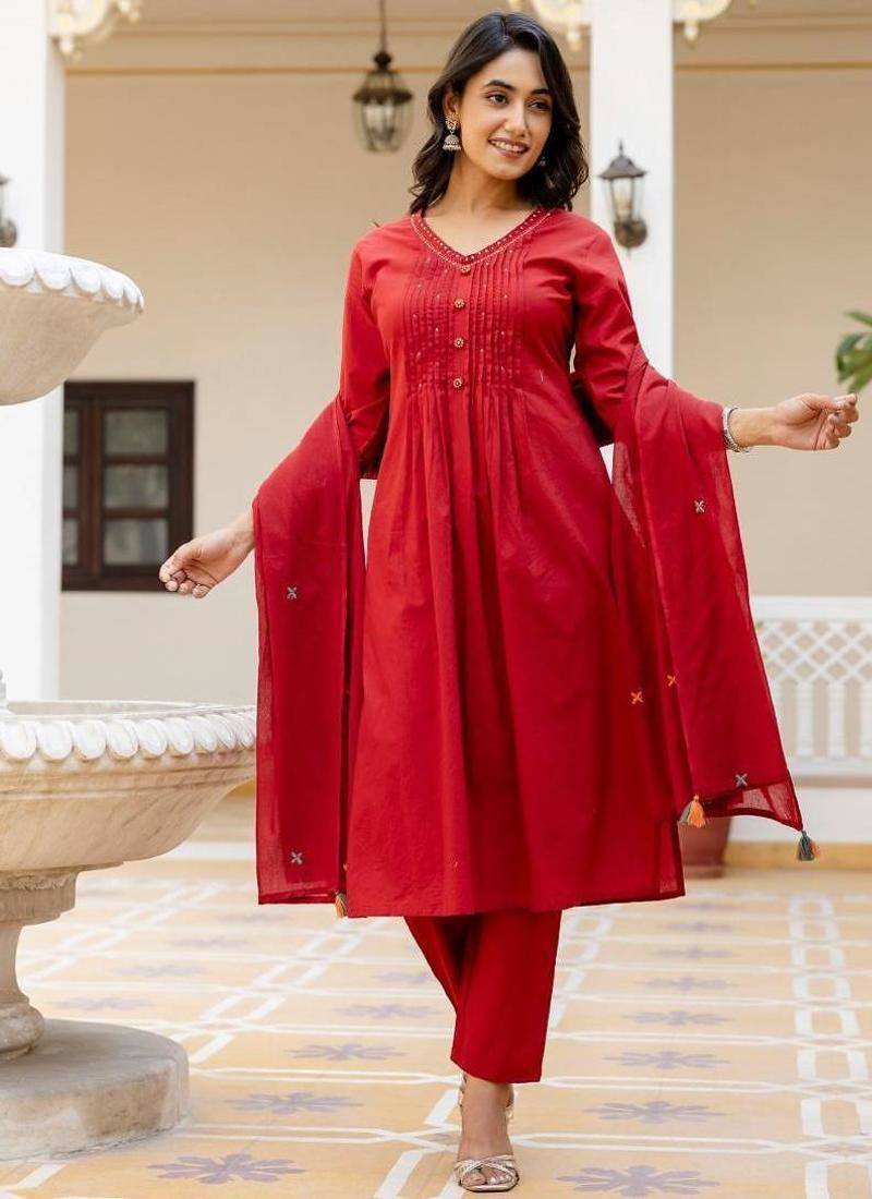 Red Cotton cambric a-line kurti-pant-dupatta  set
