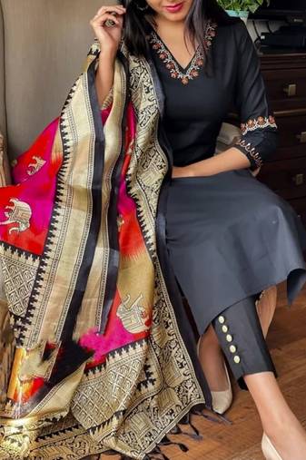 Black embroidered cotton kurta and pant set with khadi dupatta