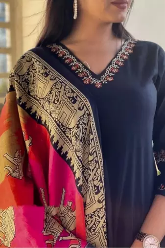 Black embroidered cotton kurta and pant set with khadi dupatta