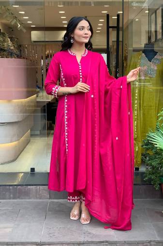 Rani pink Cotton cambric a-line kurti-pant-dupatta  set