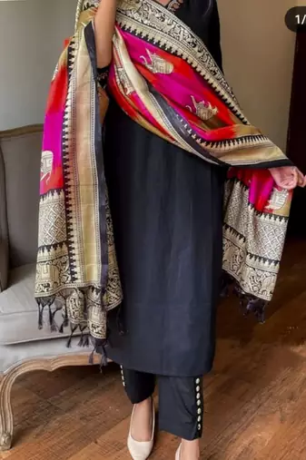 Black embroidered cotton kurta and pant set with khadi dupatta
