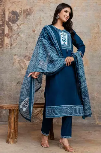 Cotton cambric straight  kurti-pant-dupatta  set