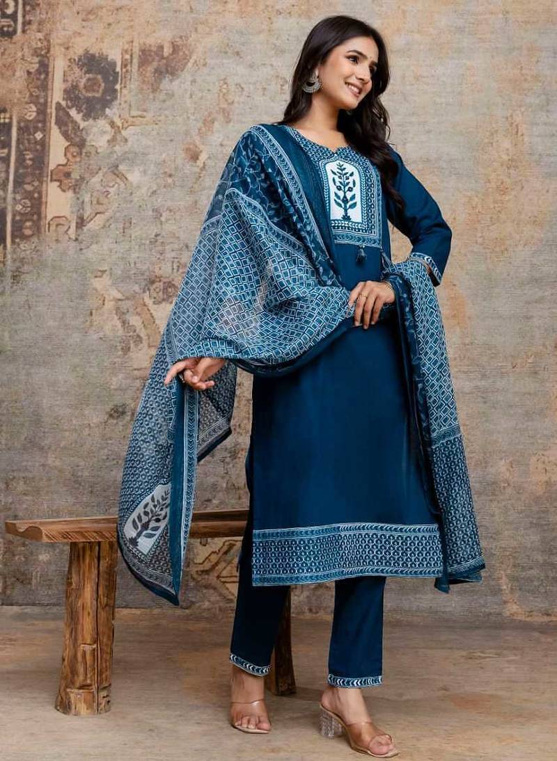 Cotton cambric straight  kurti-pant-dupatta  set