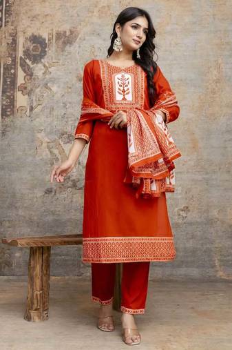 Orange Cotton cambric straight  kurti-pant-dupatta  set