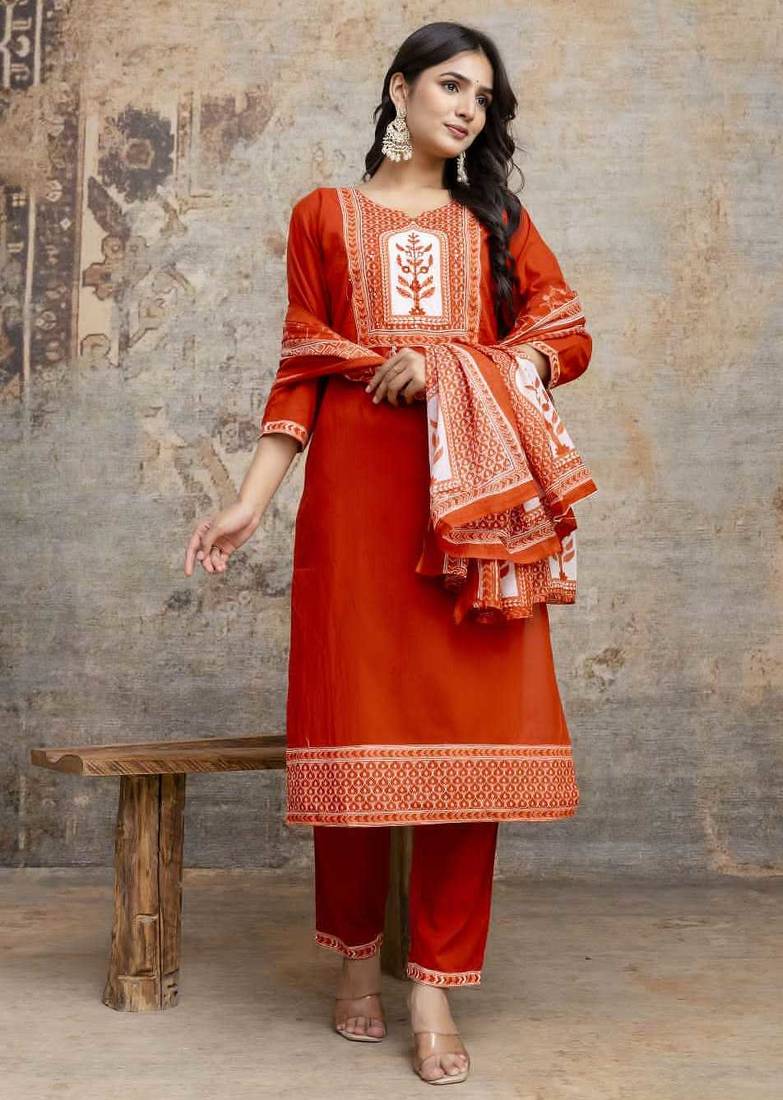 Orange Cotton cambric straight  kurti-pant-dupatta  set
