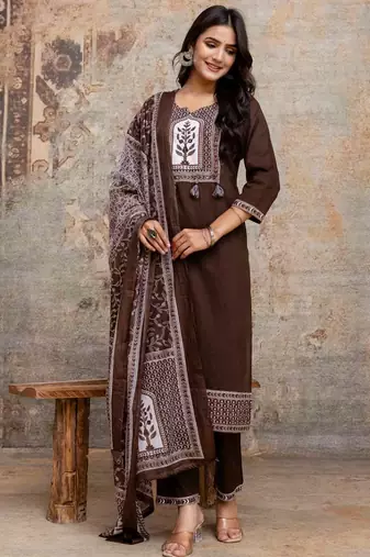 Cotton cambric straight  kurti-pant-dupatta  set